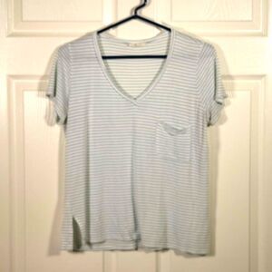 Wasabi + Mint Blue and White Striped V-Neck T-shirt - Medium